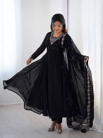 Women's black Anarkali suit Full flare georgette Anarkali Embroidered ethnic dress with dupatta