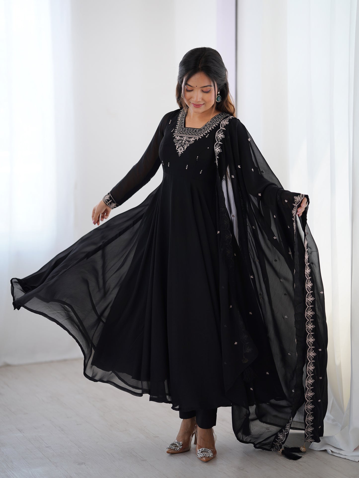 Women's Beautiful Embroidery work Fox Georgette Fabric Flared Anarkali Pant and Dupatta Set