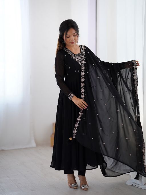 Women's black Anarkali suit Full flare georgette Anarkali Embroidered ethnic dress with dupatta