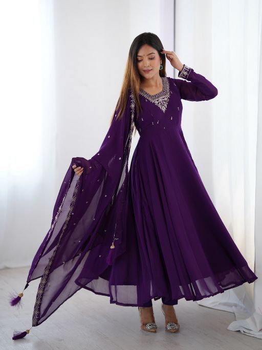 Anarkali suit Traditional Indian dress Purple ethnic wear Embroidered dupatta Festive outfit Women’s ethnic fashion Long flared dress Elegant Indian attire Chiffon dupatta