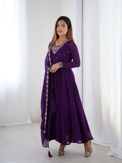Anarkali suit Traditional Indian dress Purple ethnic wear Embroidered dupatta Festive outfit Women’s ethnic fashion Long flared dress Elegant Indian attire Chiffon dupatta