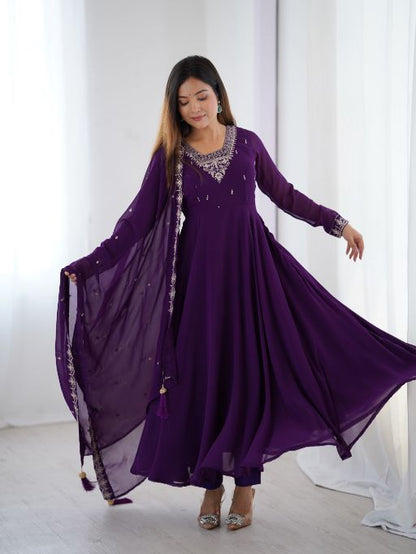 Anarkali suit Traditional Indian dress Purple ethnic wear Embroidered dupatta Festive outfit Women’s ethnic fashion Long flared dress Elegant Indian attire Chiffon dupatta