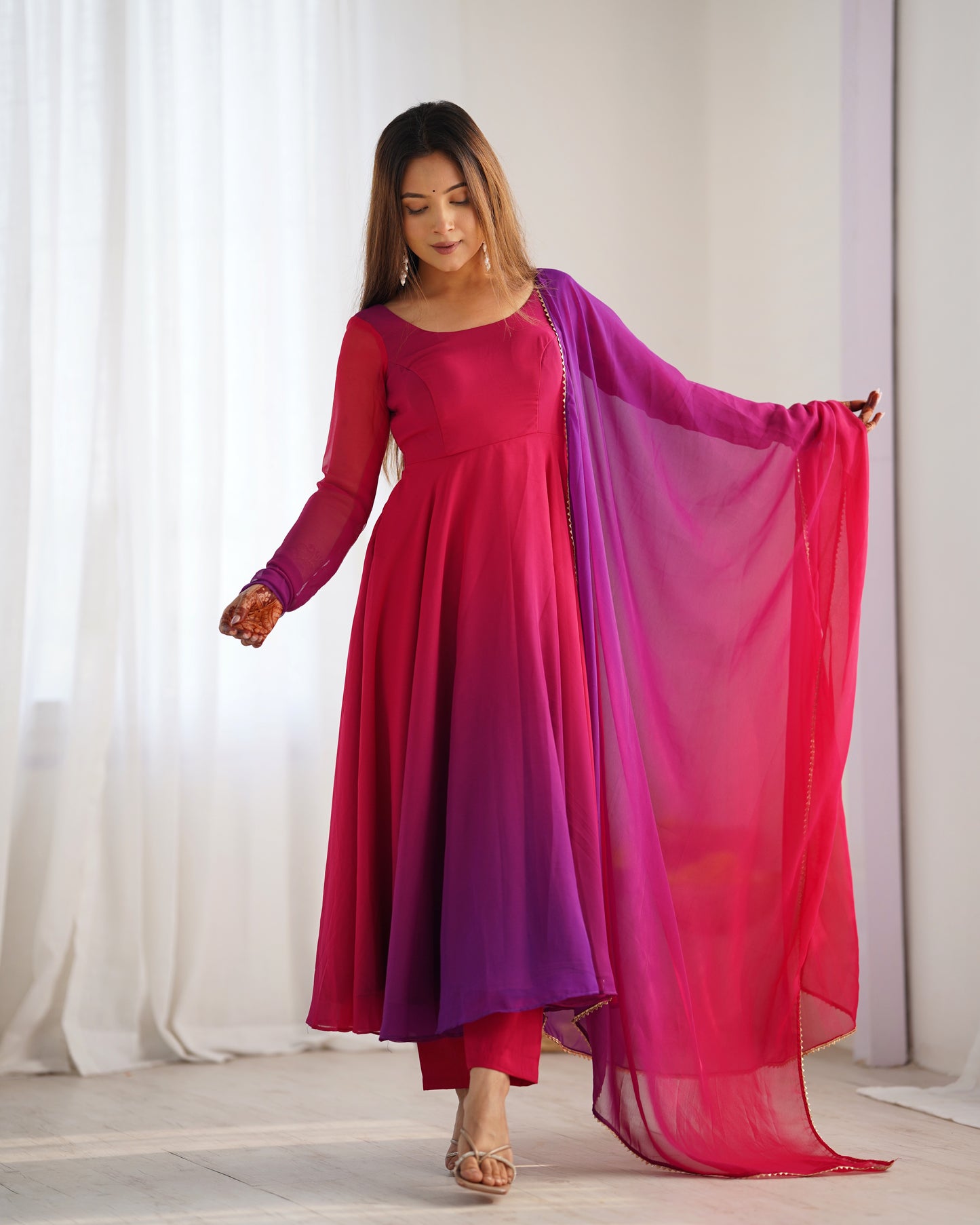 Women's Gorgeous Solid Fox Georgette Fabric Flared Anarkali Pant and Dupatta Set