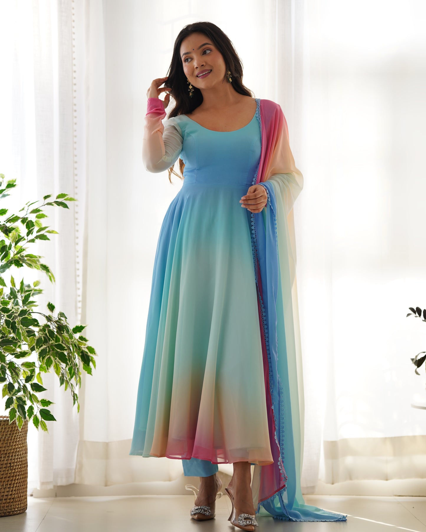 Women's Beautiful Solid Fox Georgette Fabric Flared Anarkali Pant and Dupatta Set