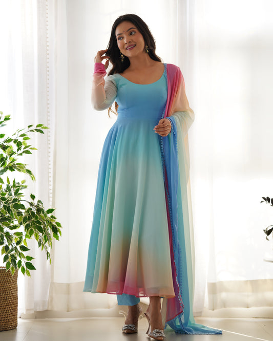 Women's Beautiful Solid Fox Georgette Fabric Flared Anarkali Pant and Dupatta Set