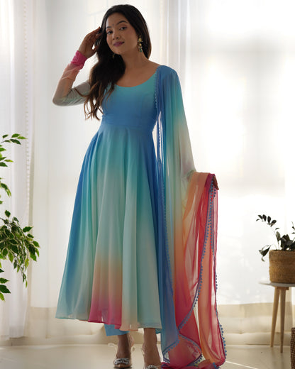 Women's Beautiful Solid Fox Georgette Fabric Flared Anarkali Pant and Dupatta Set