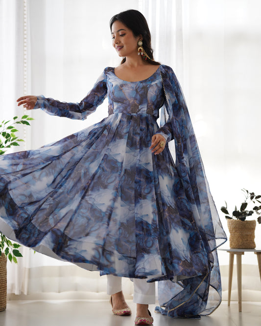 Women's Beautiful Printed Organza Silk Fabric Flared Anarkali Pant and Dupatta Set