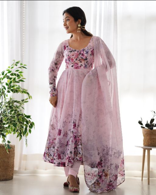 Women's Beautiful Floral Printed Organza Silk Fabric Flared Anarkali Pant and Dupatta Set