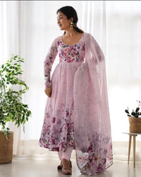 Women's Beautiful Floral Printed Organza Silk Fabric Flared Anarkali Pant and Dupatta Set