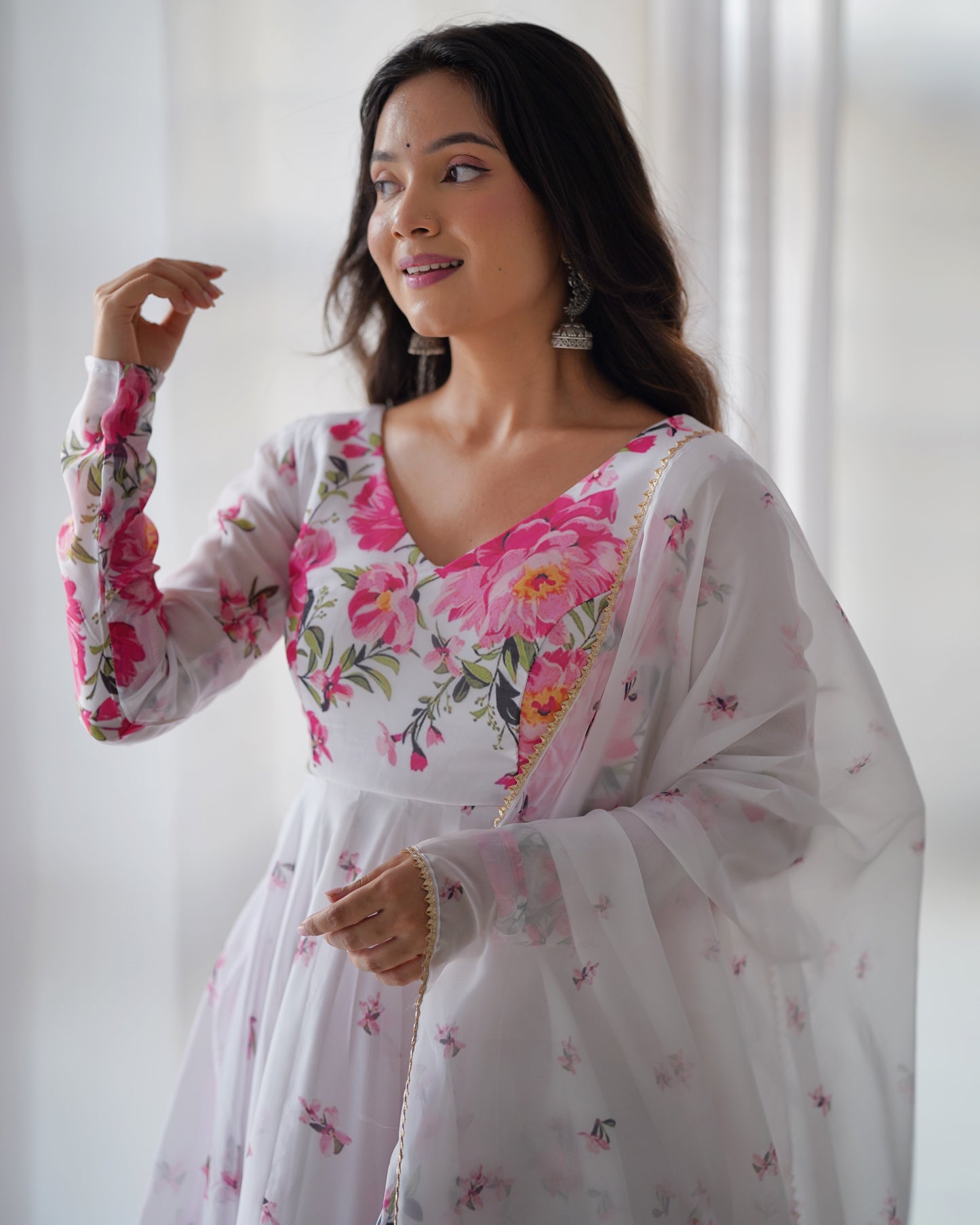 Women's Beautiful Floral Printed Organza Silk Fabric Flared Anarkali Pant and Dupatta Set 38