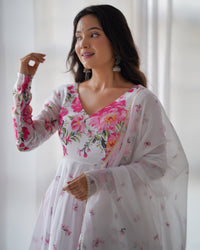 Women's Beautiful Floral Printed Organza Silk Fabric Flared Anarkali Pant and Dupatta Set 38