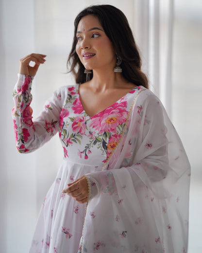 Women's Beautiful Floral Printed Organza Silk Fabric Flared Anarkali Pant and Dupatta Set 38