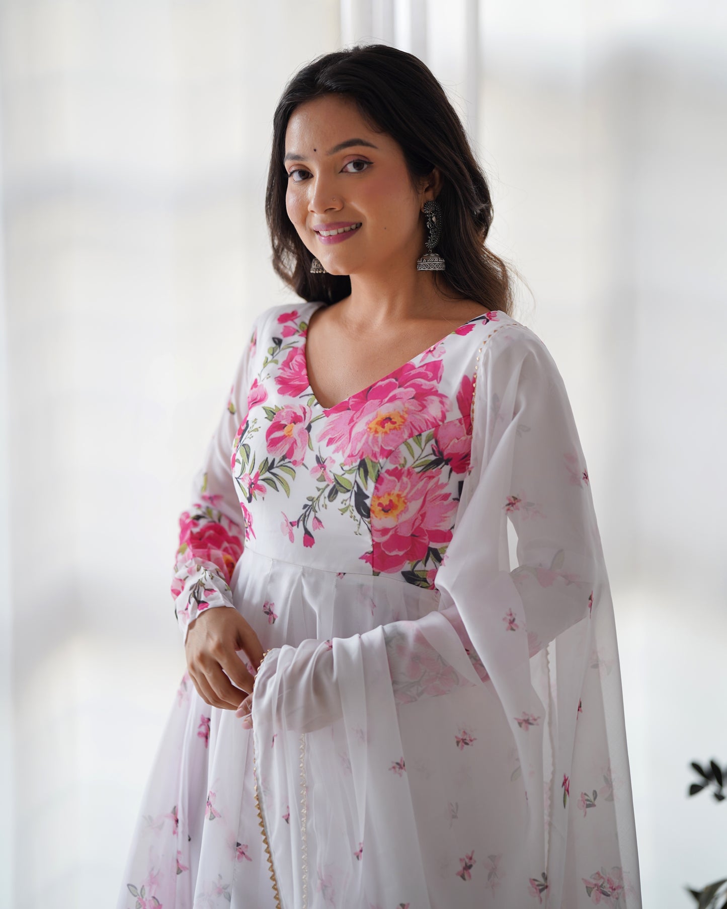 Women's Beautiful Floral Printed Organza Silk Fabric Flared Anarkali Pant and Dupatta Set 38