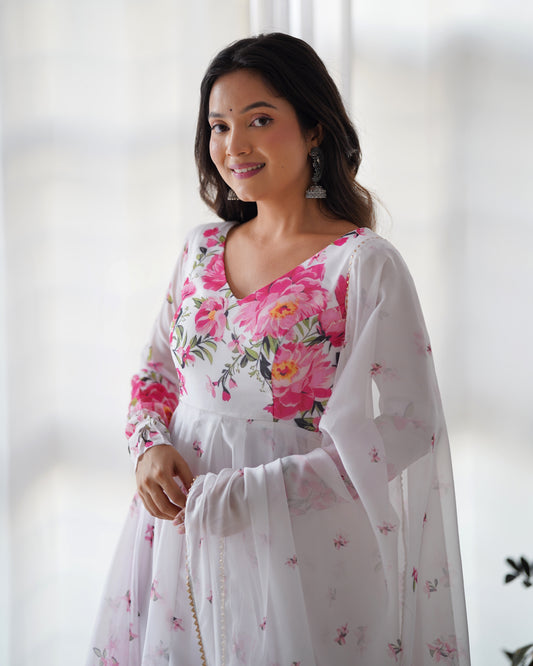 Women's Beautiful Floral Printed Organza Silk Fabric Flared Anarkali Pant and Dupatta Set 38