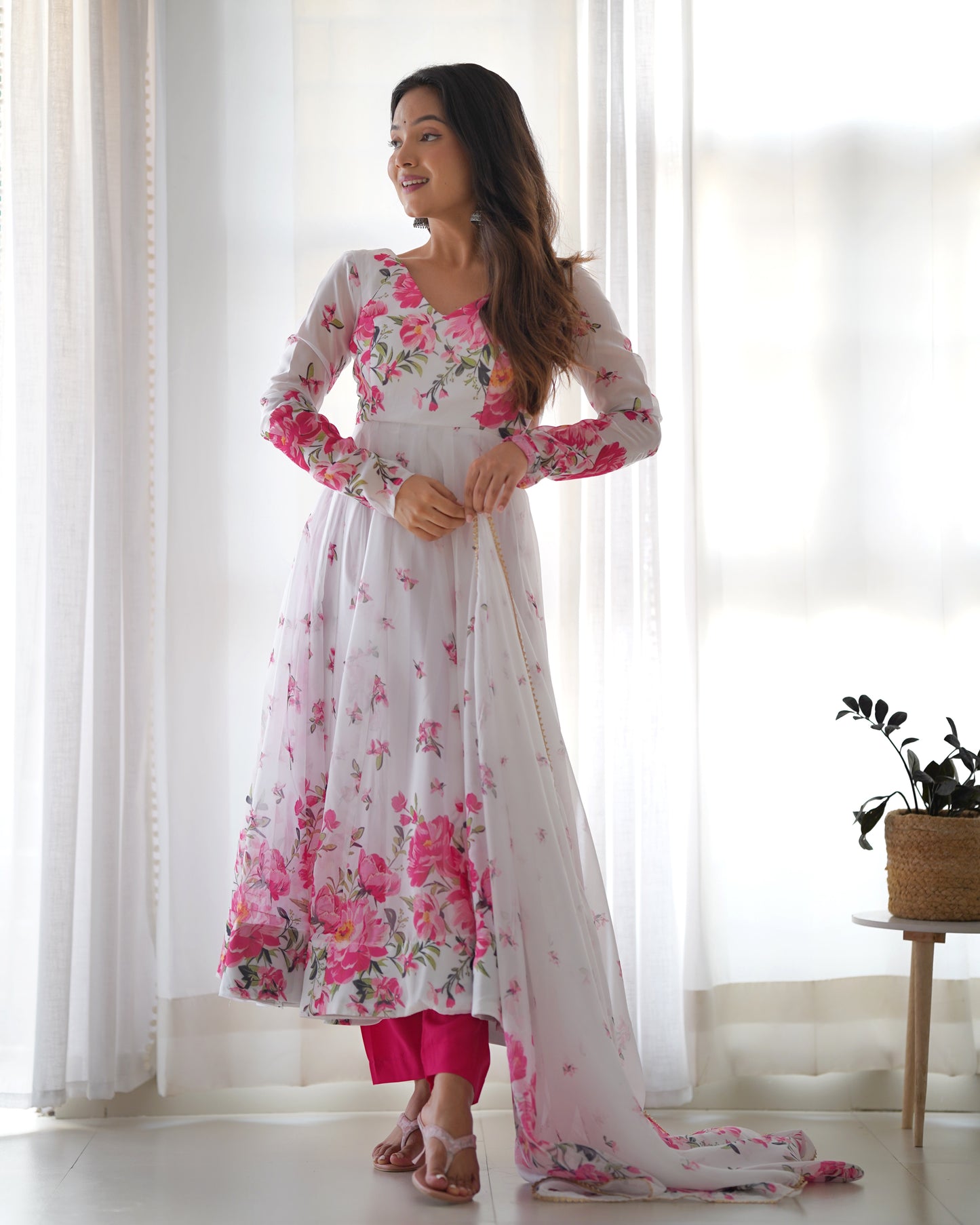 Women's Beautiful Floral Printed Organza Silk Fabric Flared Anarkali Pant and Dupatta Set 38