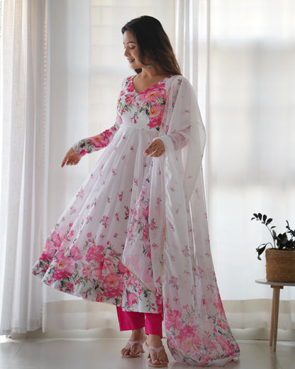 Women's Beautiful Floral Printed Organza Silk Fabric Flared Anarkali Pant and Dupatta Set 38