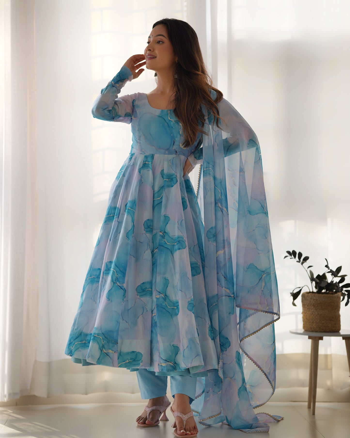 Women's Beautiful Printed Organza Silk Fabric Flared Anarkali Pant and Dupatta Set