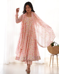 Women's Beautiful Floral Printed Chiffon Fabric Flared Anarkali Pant and Dupatta Set 284