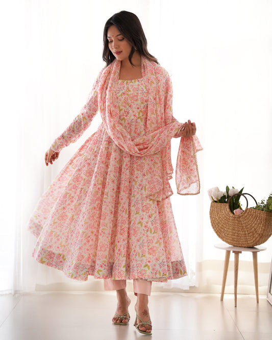 Anarkali Suit Set Floral Print Anarkali Pink Floral Anarkali