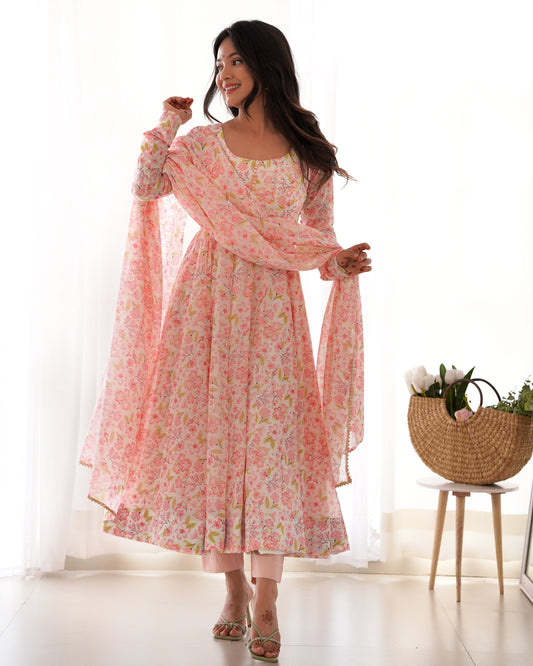Anarkali Suit Set Floral Print Anarkali Pink Floral Anarkali