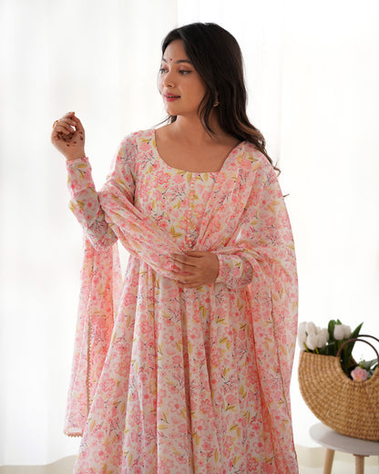 Women's Beautiful Floral Printed Chiffon Fabric Flared Anarkali Pant and Dupatta Set 284