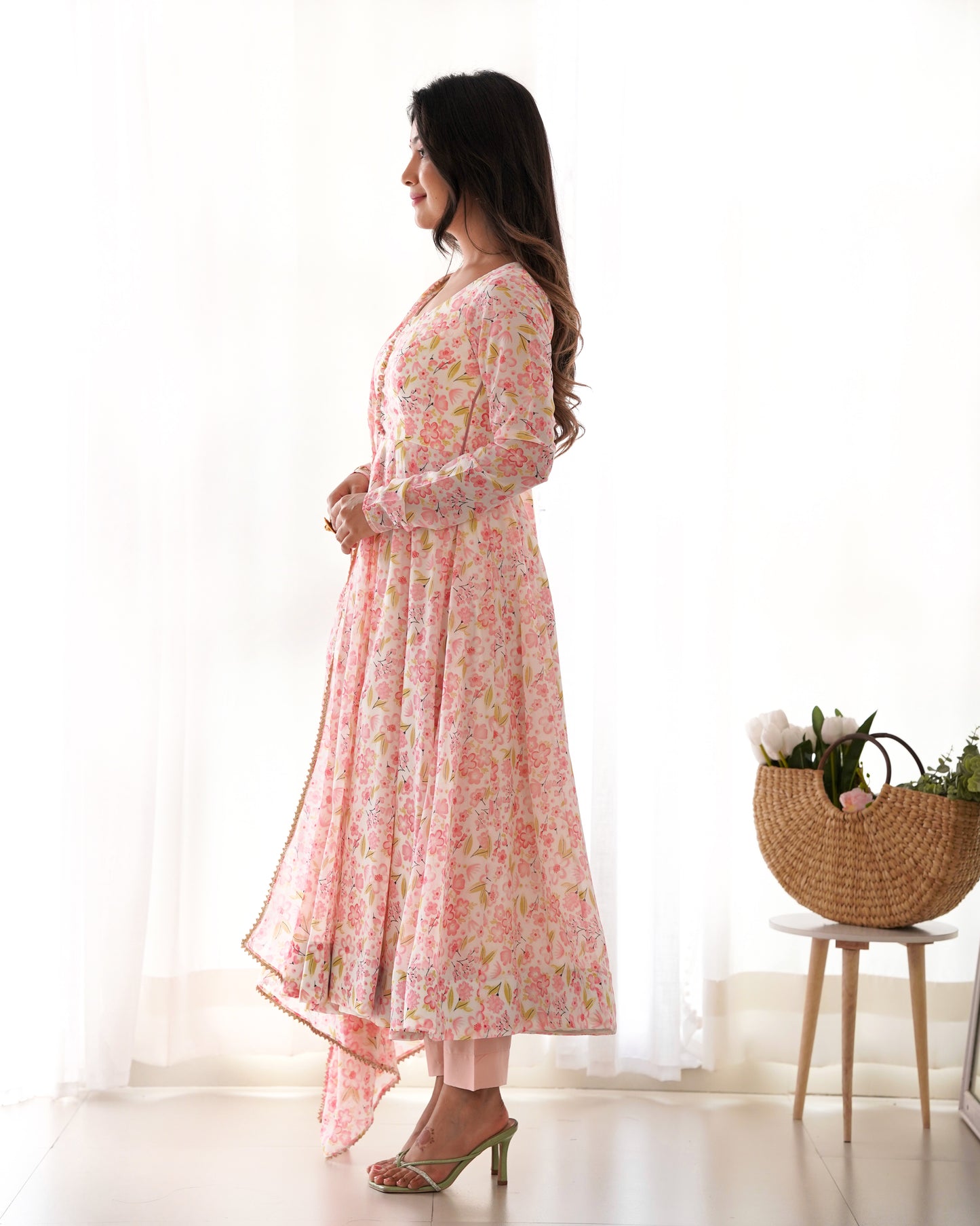 Women's Beautiful Floral Printed Chiffon Fabric Flared Anarkali Pant and Dupatta Set 284