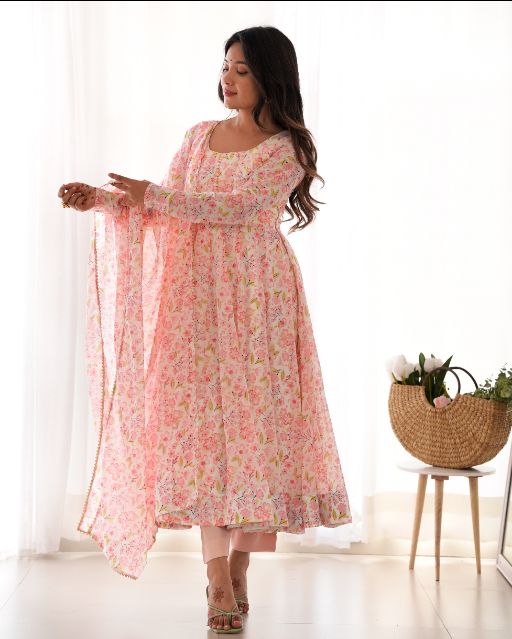 lndian suit set printed long kurta with dupatta comfortable daily ethnic outfit festive daywear for women