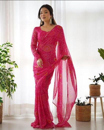 These are results for Our Latest collection of Ready to Wear saree bandhej printed is timeless addition