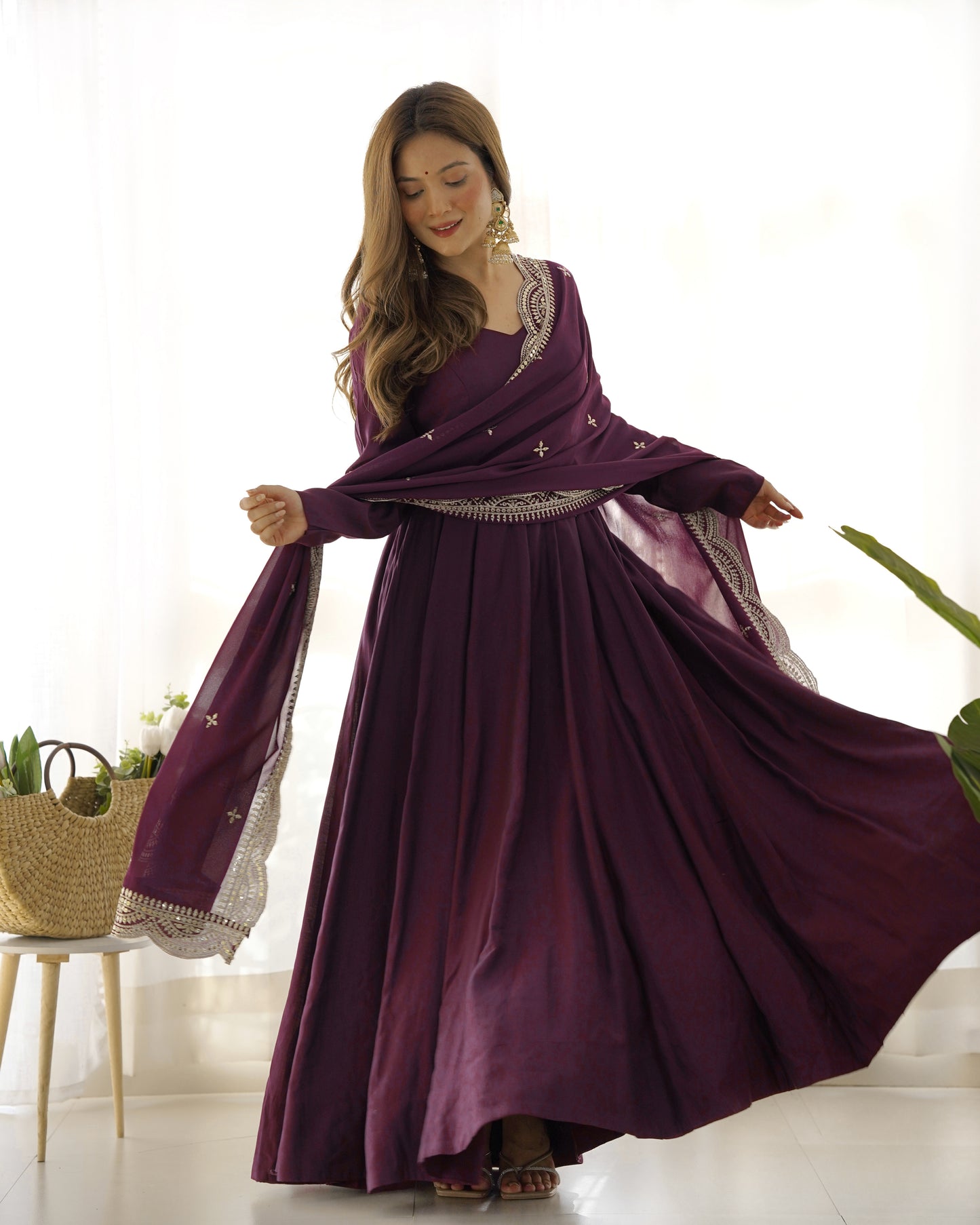 Women's Beautiful Solid Roman Silk Chanderi Fabric Flared Anarkali Pant and Dupatta Set