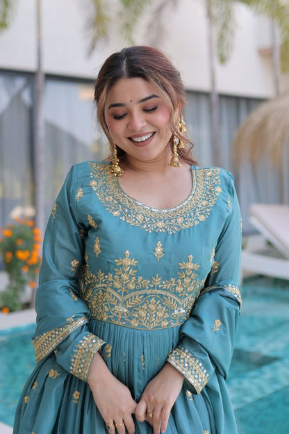 Sky Blue Color Super Silk Fabric Beautiful Ceremonial Suit With Dupatta