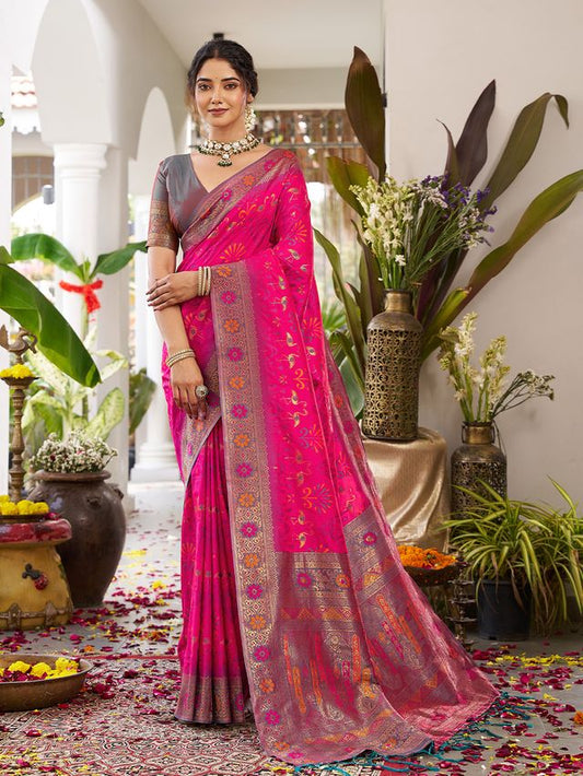 Pink Color Beautiful Girlie Woven Designer Partywear Saree