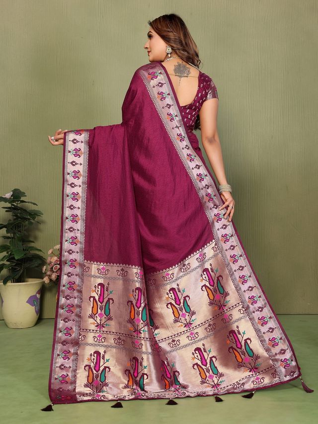 Wine Color Paithani Silk Fabric Paithani Woven Gala Designer Saree