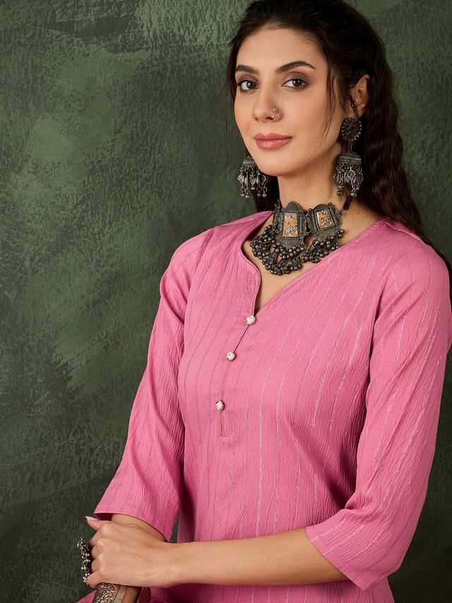 Pink Color Cotton Silk Blend Beautiful Stylish Tendy Top Bottom Set