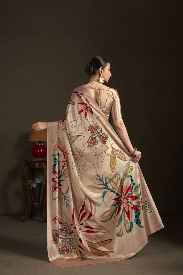 Peach Color Stylish Digital Printed Silk Crepe Fabric Saree For Trendy Looks