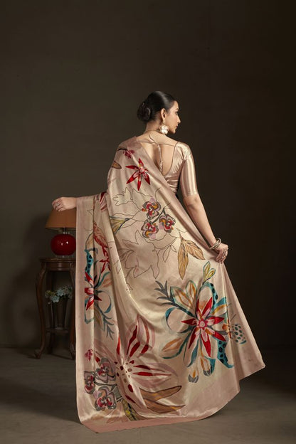 Peach Color Stylish Digital Printed Silk Crepe Fabric Saree For Trendy Looks