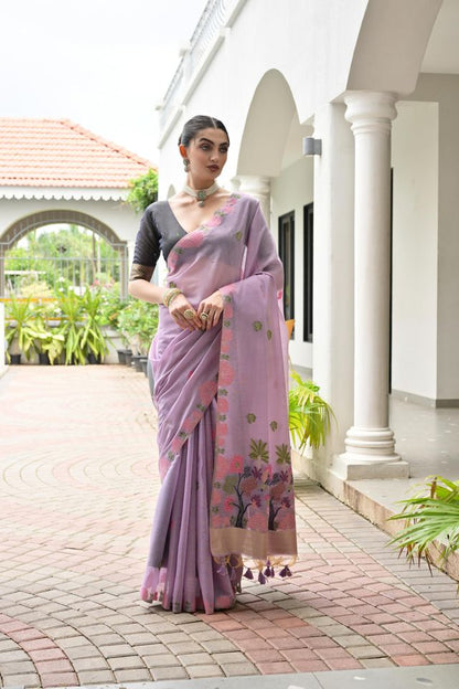 Purple Color Chanderi Cotton Fabric Weaving Reshan Flower Designer Ethnic Saree