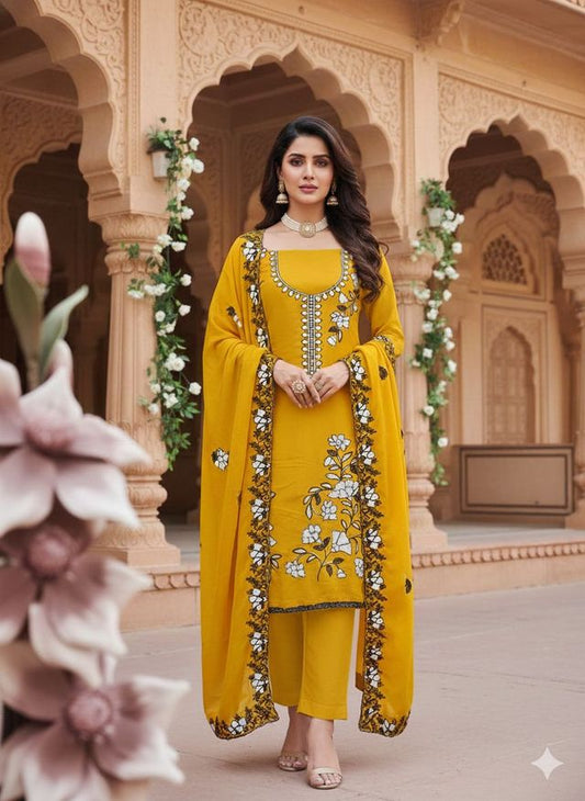 Yellow Color Star Georgette Fabric Beautiful Embroidered Salwar Kameez