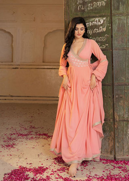 Peach Color Georgette Fabric Designer Embroidered Partywear Gown For Girlie Looks