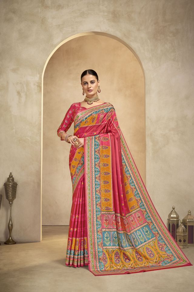 Graceful Ethnic Pink Color Bollywood Style Crepe Silk Designer Digital Foil Printed Saree