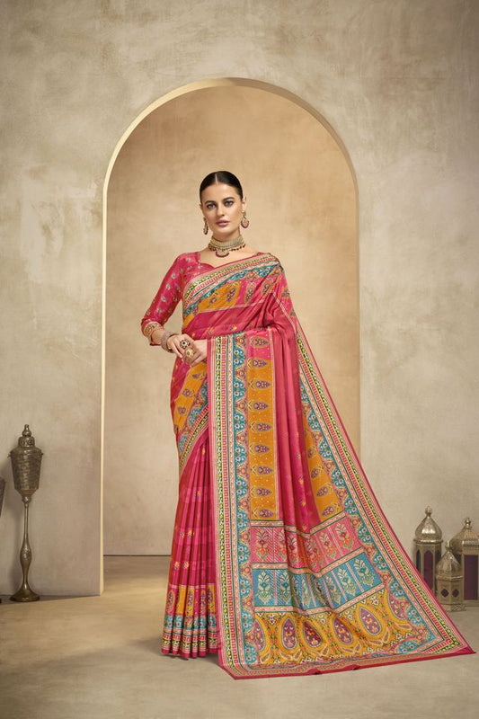 Graceful Ethnic Pink Color Bollywood Style Crepe Silk Designer Digital Foil Printed Saree