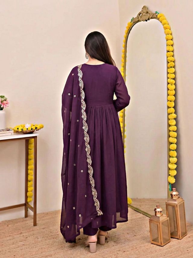 WineColor Chanderi Silk Fabric Designer Embroiderd Stitched Suit