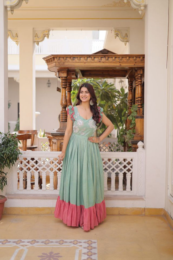 Green Color Beautiful Girlie Readymade Gown For Graceful Girlie Looks