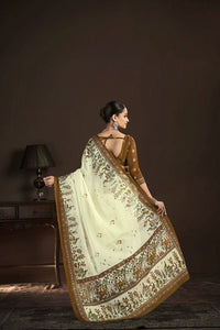 Cream Color Crepe Silk Fabric Designer Foil Printed Saree