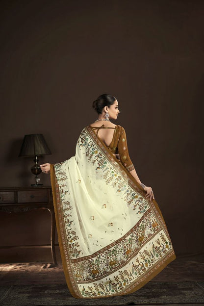 Cream Color Crepe Silk Fabric Designer Foil Printed Saree