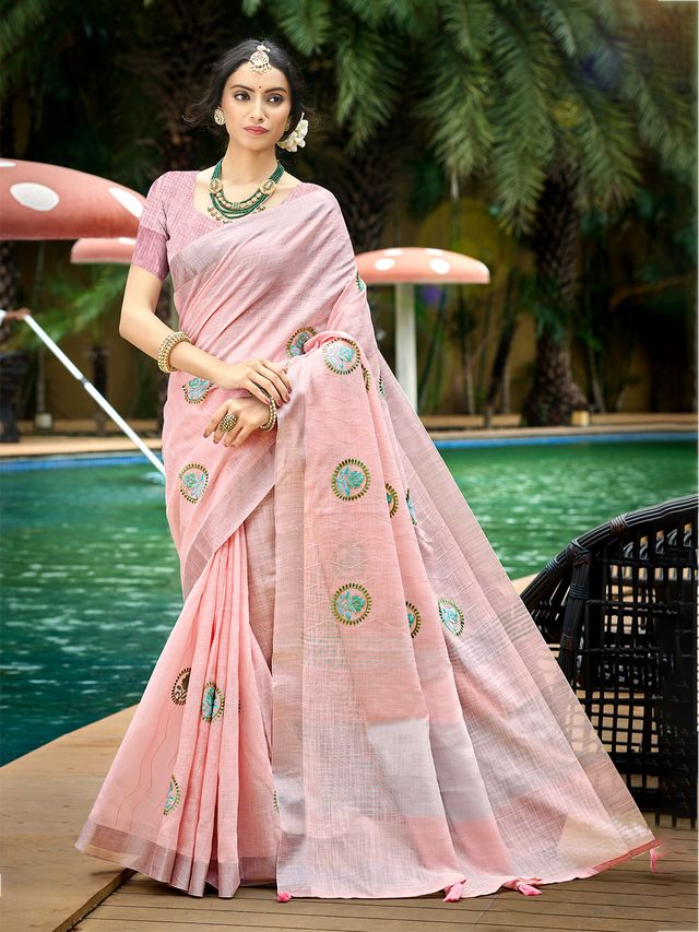 Light Pink Color Linen Fabric Woven Designer Saree With Floral Embroidered Work
