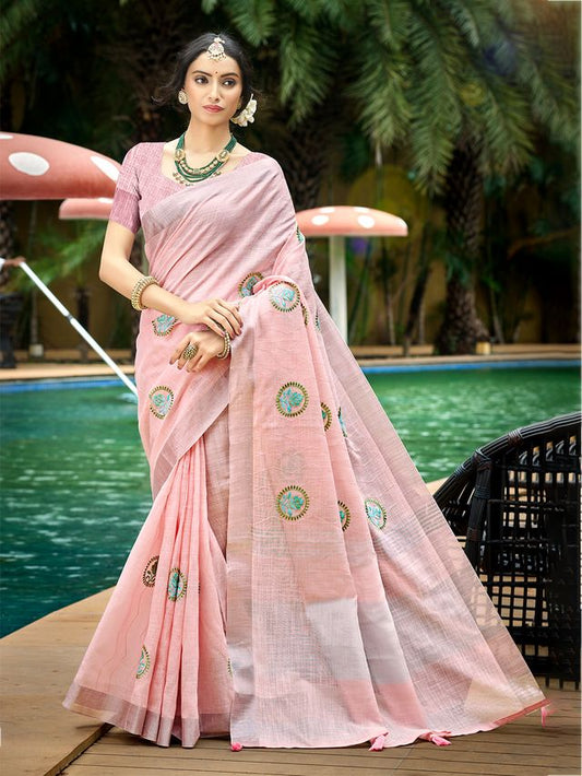 Light Pink Color Linen Fabric Woven Designer Saree With Floral Embroidered Work