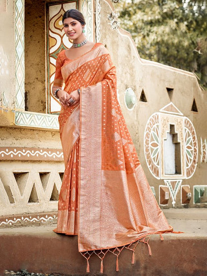 Orange Color Assam Silk Fabric Woven Designer Saree For Party Looks