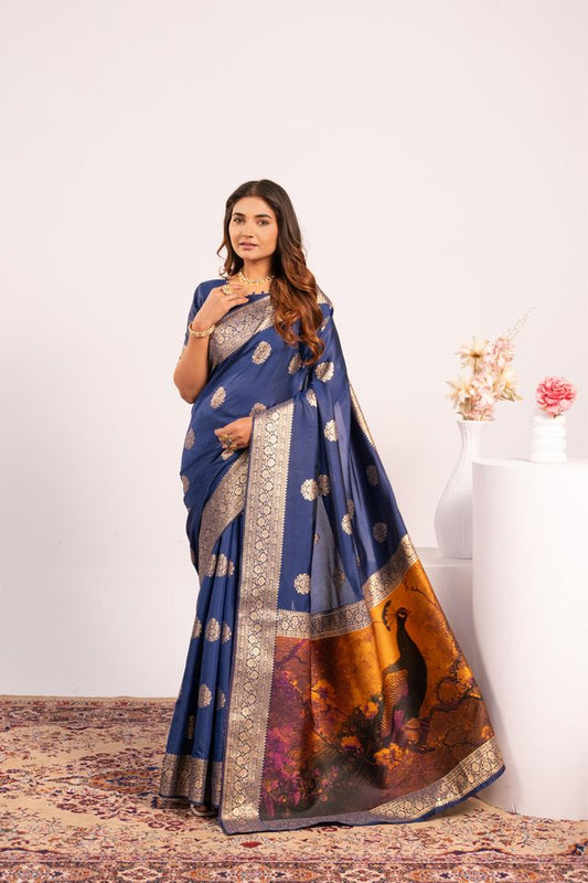 Blue Color Banarasi Silk Fabric Designer Partywear Saree