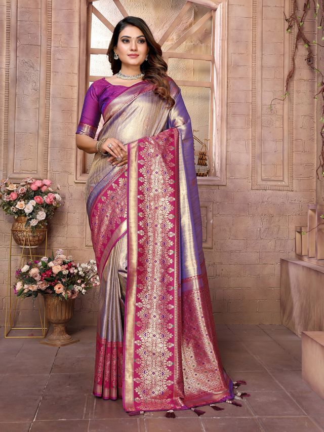 Lavender Color Banarasi Tissue Silk Ethnic Jacquard Weving Designer Ceremonial Saree