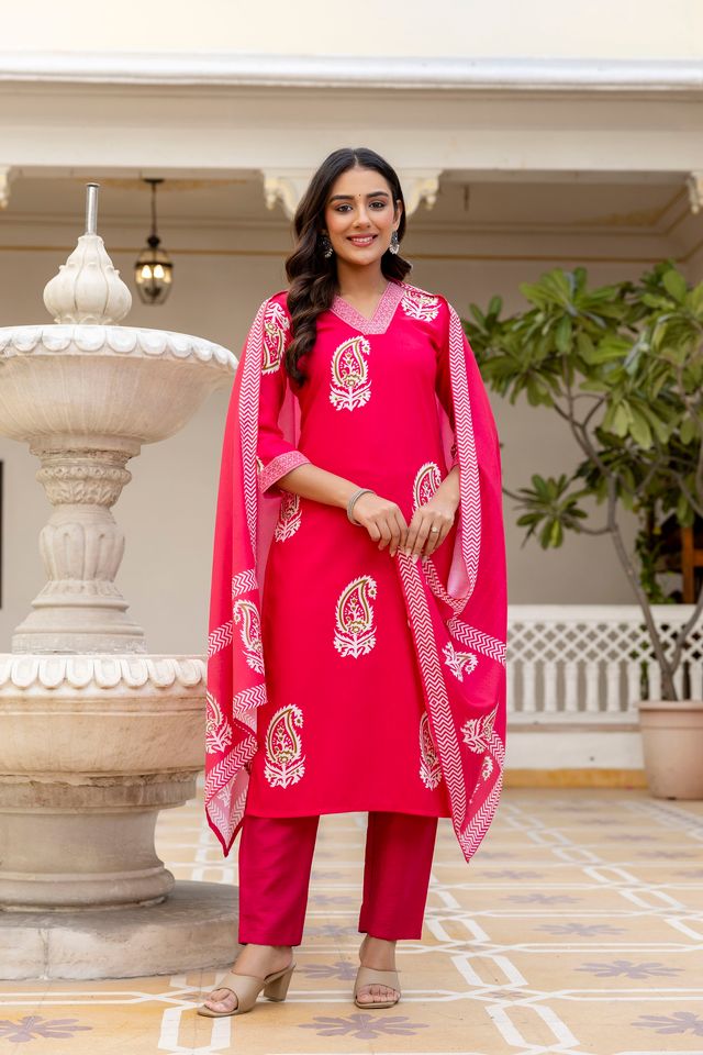 Pink Color Rayon Fabric Ceremonial Readymade Kurta Set with Dupatta
